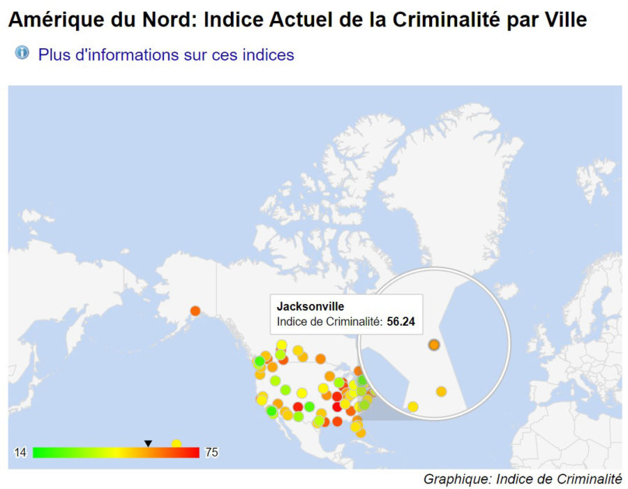 Carte classement JACKSONVILLE taux de criminalité Numbeo Amérique du Nord